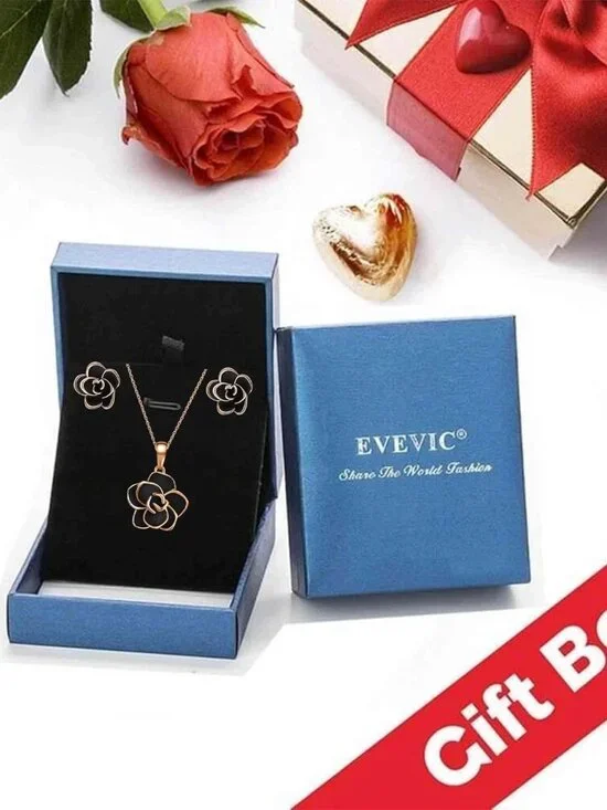 Rose Flower Necklace Earrings Set for Women 18K Gold Plated Hypoallergenic Jewel - Picture 6 of 8